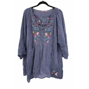 Johnny Was Large Blue Gray Embroidered Boho Tunic Cupra Rayon Pockets V Neck Top